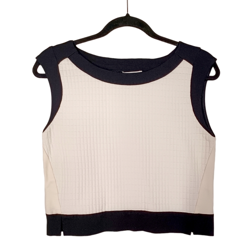 CALVIN KLEIN Off White Quilted Print Black Sleeveless Top Small